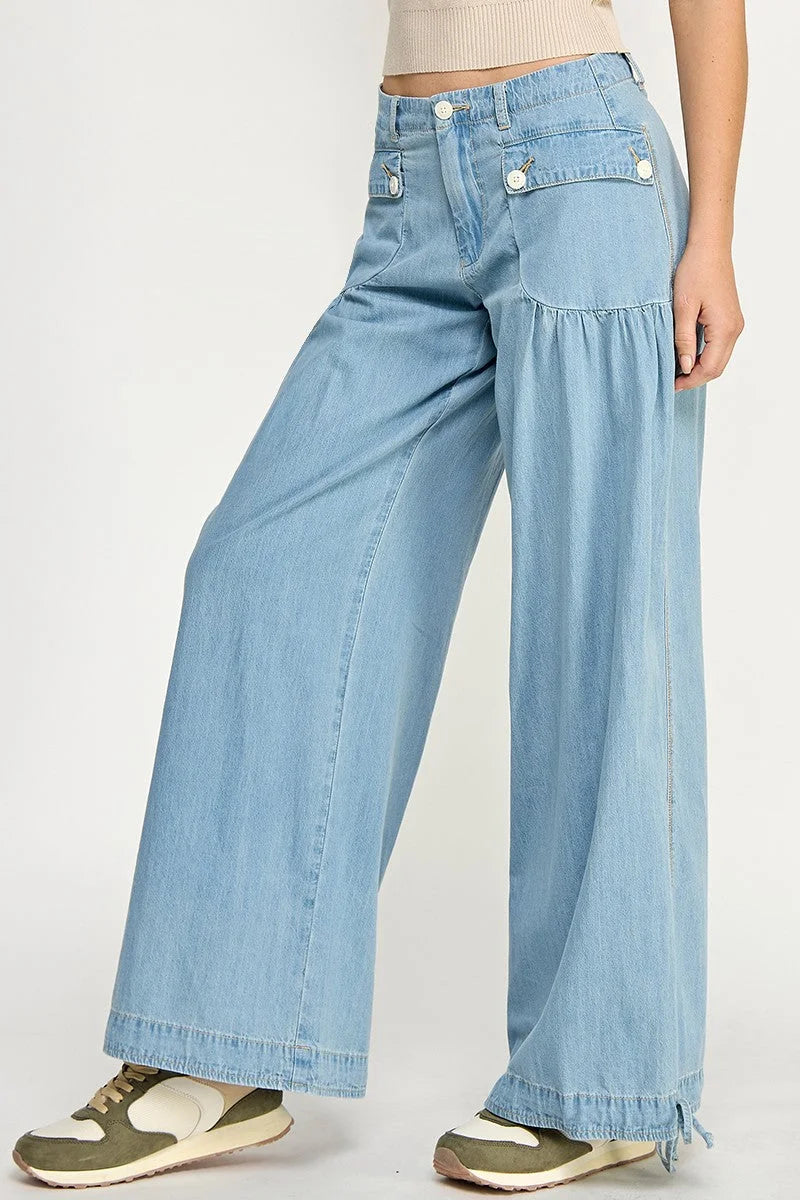 Light blue wide-leg denim pants from LOTUS STRETCH JEANS for women’s boho chic clothing