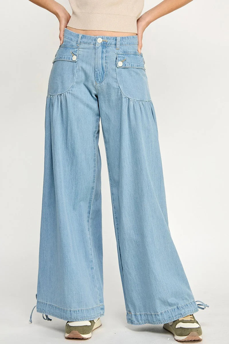 Light blue wide-leg denim pants from LOTUS STRETCH JEANS for women’s boho chic clothing
