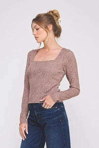 Light brown long-sleeve knit embroidered lace top with an openwork lace square neck