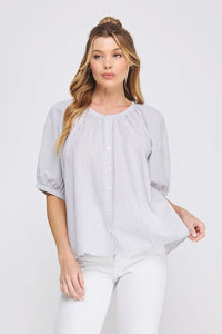 Light gray striped seersucker blouse from Daisy Lane’s striped seersucker collection