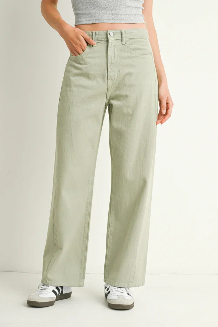 Light green wide-leg jeans from HIGH RISE BARREL DENIM JEAN TWIST, perfect for women’s boho chic clothing