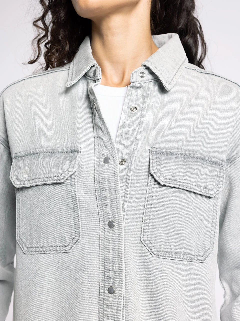 Light grey denim supply etta shirt with snap buttons and chest pockets