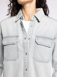 Light grey denim supply etta shirt with snap buttons and chest pockets