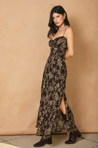LINA FRONT TIE SLIT MAXI DRESS featuring a black floral print, side slit, and ankle boots