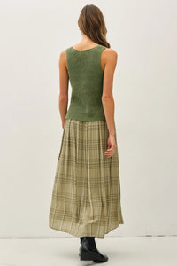 Plaid printed pleats midi skirt in muted green and brown tones for stylish fashion