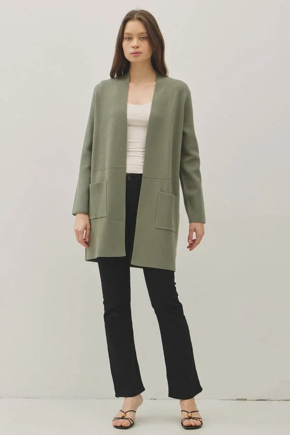 Open front classic knit coat in olive green with long sleeves and patch pockets