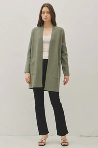Open front classic knit coat in olive green with long sleeves and patch pockets