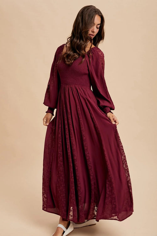 Lace inset smocked maxi dress in deep red with textured pattern on skirt