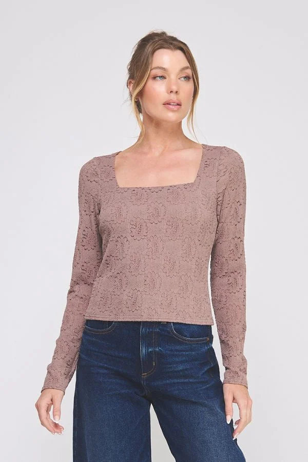 Knit embroidered lace square neck top in patterned mocha brown fabric