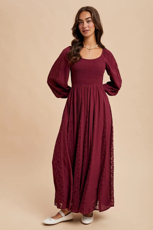 Deep red lace inset smocked maxi dress with sheer lace paneling and square neckline