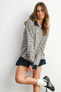 Striped collared long sleeve polo shirt with navy collar and cuffs for stylish casual wear