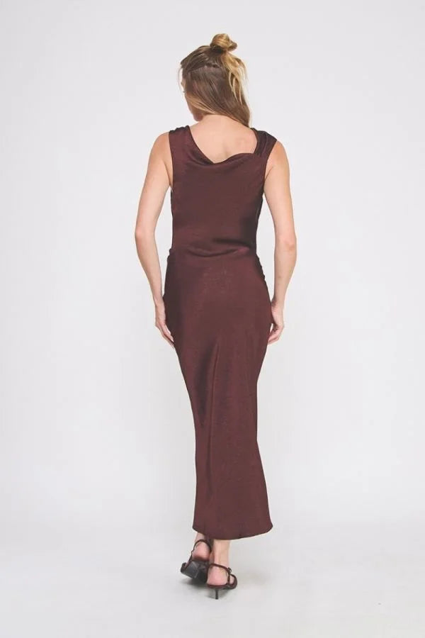 Draped sleeveless midi dress in dark red with cowl neck style for elegant evening wear
