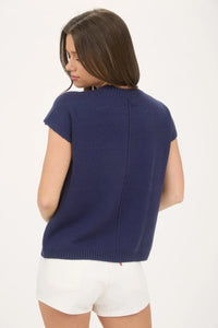 Navy blue knit short sleeve top from MIMOSA PLEASE, perfect for women’s boho chic clothing at Shop Daisy