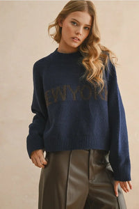 Navy blue YORK LETTER FRONT sweater, women’s boho chic clothing, shop Daisy