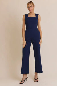 Navy blue square-neck sleeveless wide-leg jumpsuit, perfect for women’s boho chic clothing from Shop Daisy