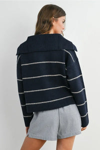 Navy blue striped collared cardigan with hood and ribbed cuffs
