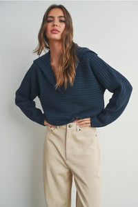 Navy blue textured drama collar v neck sweater with balloon sleeves
