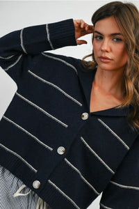 Navy blue and white striped collared cardigan with silver buttons