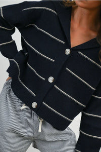 Navy blue and white striped collared cardigan with silver buttons