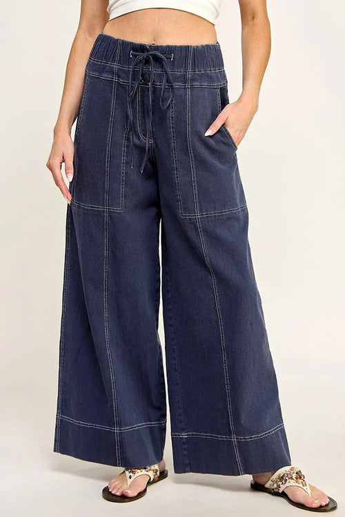 Navy wide leg pants from TWILL PULL ON WIDE LEG PANTS collection showcasing stylish leg pants