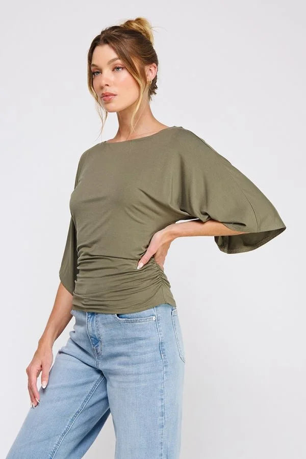 Olive green double knit angel sleeve cinch side top with boat neck and dolman sleeves