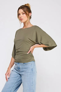 Olive green double knit angel sleeve cinch side top with boat neck and dolman sleeves