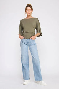 Olive green double knit angel sleeve cinch side top with boat neck and gathered sides