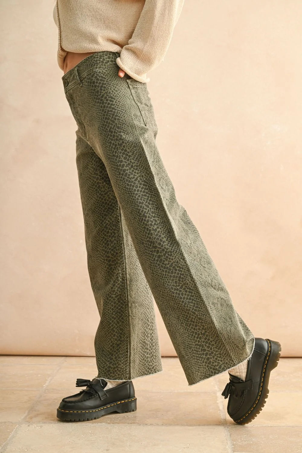 Olive green leopard print pants for women, stylish snakeskin pants, SNAKE PRINT PANTS