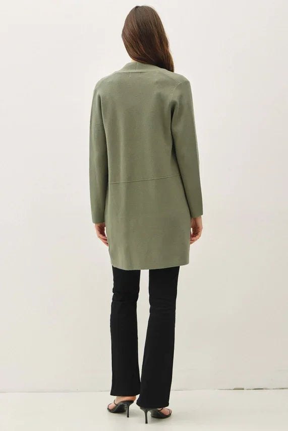 Olive green open front classic knit coat with notched lapel and back seam detail