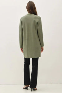 Olive green open front classic knit coat with notched lapel and back seam detail