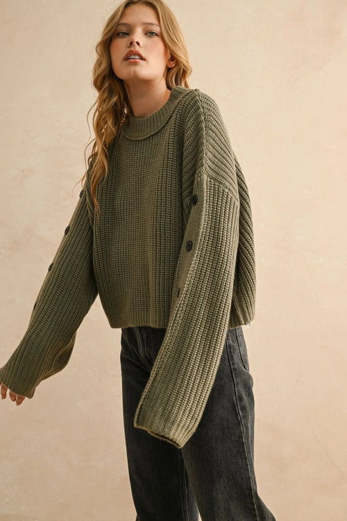 Olive green wide neck long sleeve sweater with collar and button details