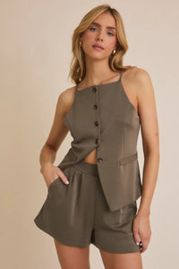 Olive green sleeveless top and shorts set with pocket flare hem for stylish casual wear