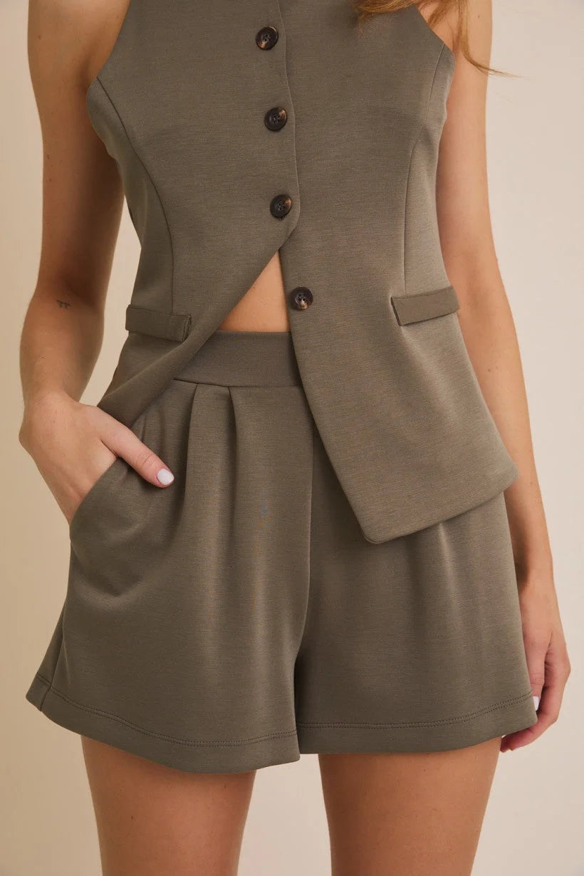Olive green vest and shorts set with pocket flare hem for stylish flare hem shorts