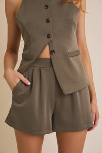 Olive green vest and shorts set with pocket flare hem for stylish flare hem shorts