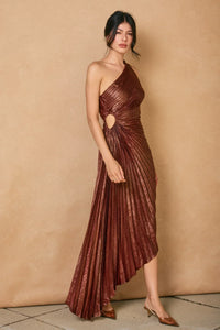 Asymmetrical pleated one-shoulder maxi dress in metallic bronze with side cut-out