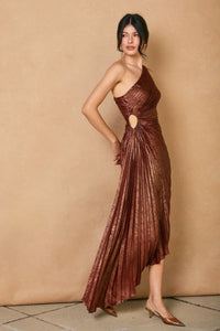 Asymmetrical pleated one-shoulder maxi dress in shimmering bronze with side cutout