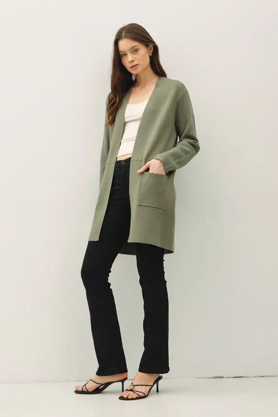 Open front olive green long knit coat with patch pockets, classic knit coat for women