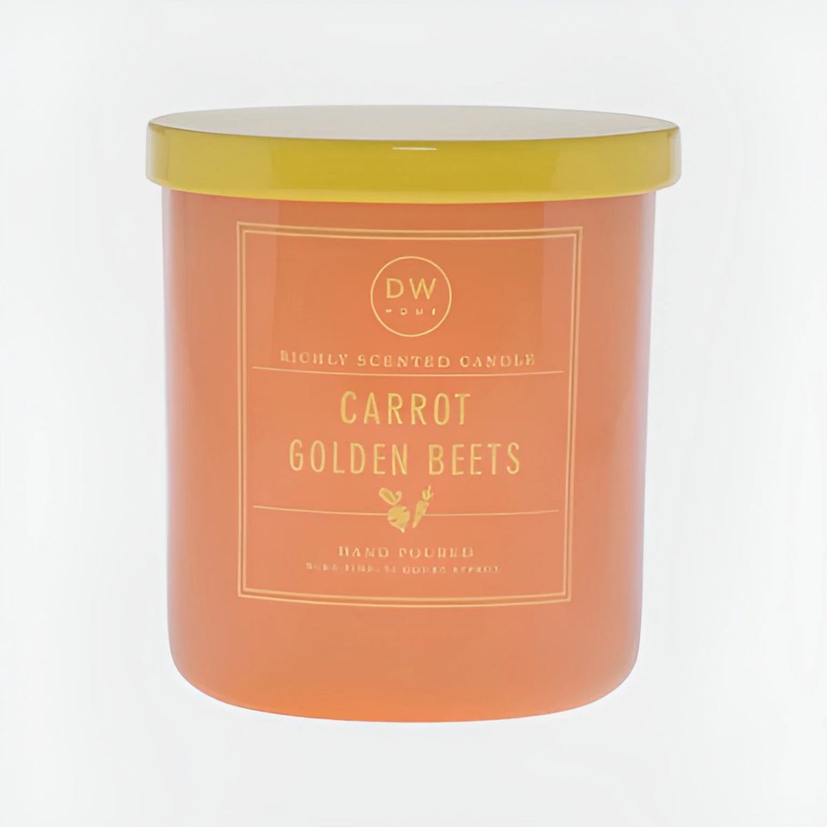 Orange Carrot Golden Beets Candle in a jar with yellow lid, perfect for boho decor