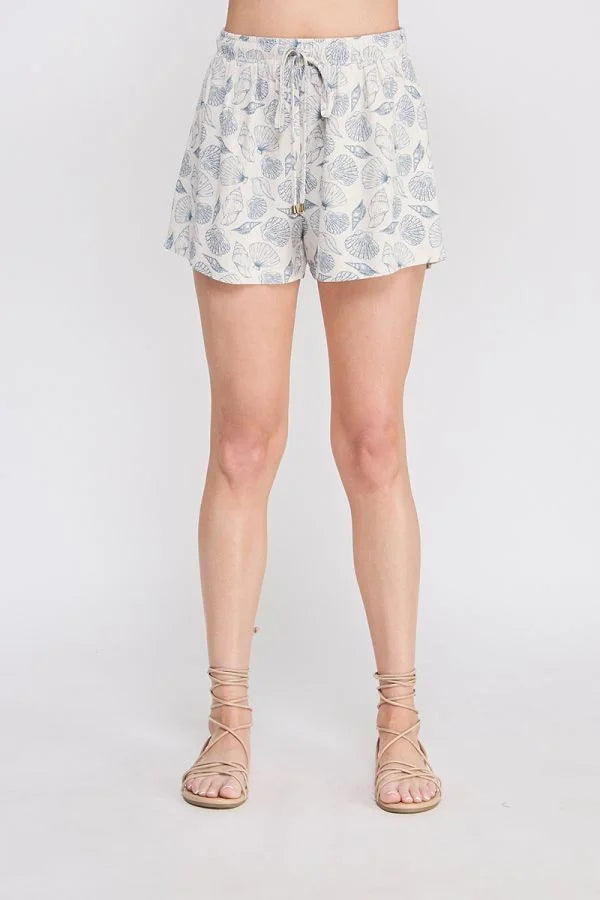 Seashell printed linen elastic tie waist shorts with patterned drawstring design