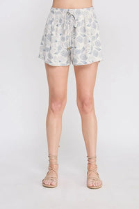 Seashell printed linen elastic tie waist shorts with patterned drawstring design