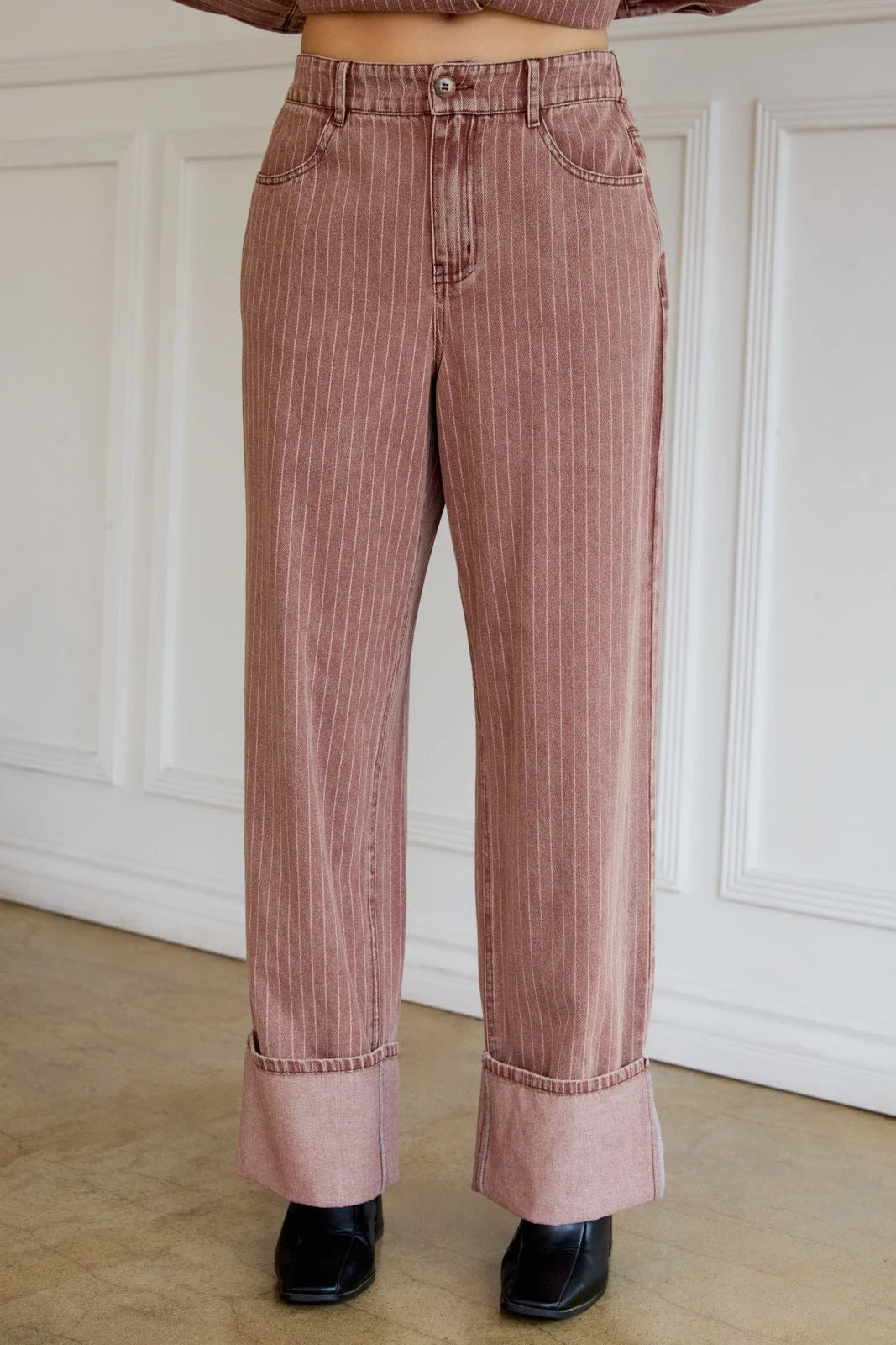 Pink pinstriped wide leg strip denim pants with cuffs, stylish wide leg strip jeans