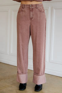 Pink pinstriped wide leg strip denim pants with cuffs, stylish wide leg strip jeans