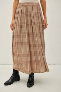 Pleated plaid printed pleats midi skirt in shades of brown and beige