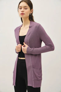 Purple cotton blend knit open front cardigan for stylish layering