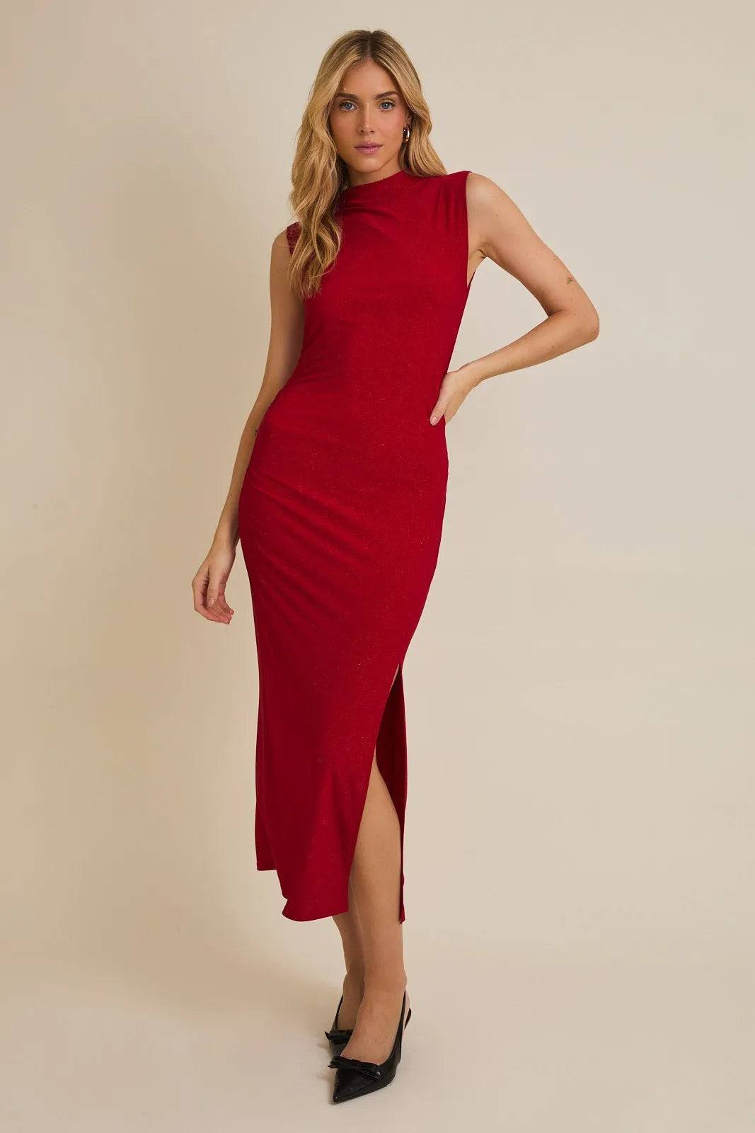 open lace back dress Mock Neck Sleeveless Glitter Midi Dress Red Red / Small