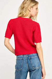 Red knit top with short sleeves, part of women’s boho chic clothing at Shop Daisy