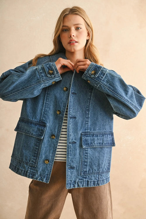 Relaxed-fit light-wash denim casual jacket with large front pockets and button closures