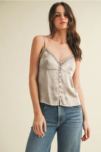 Lace V neck cami top with satin fabric, lace trim, and front buttons for women’s boho chic clothing