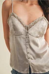Silky lace V neck cami top with lace trim and front buttons for women’s boho chic clothing