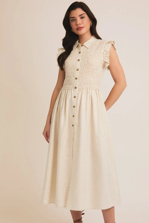Sleeveless ruffle sleeve midi dress with button-up design from Button Up Smocking Top collection